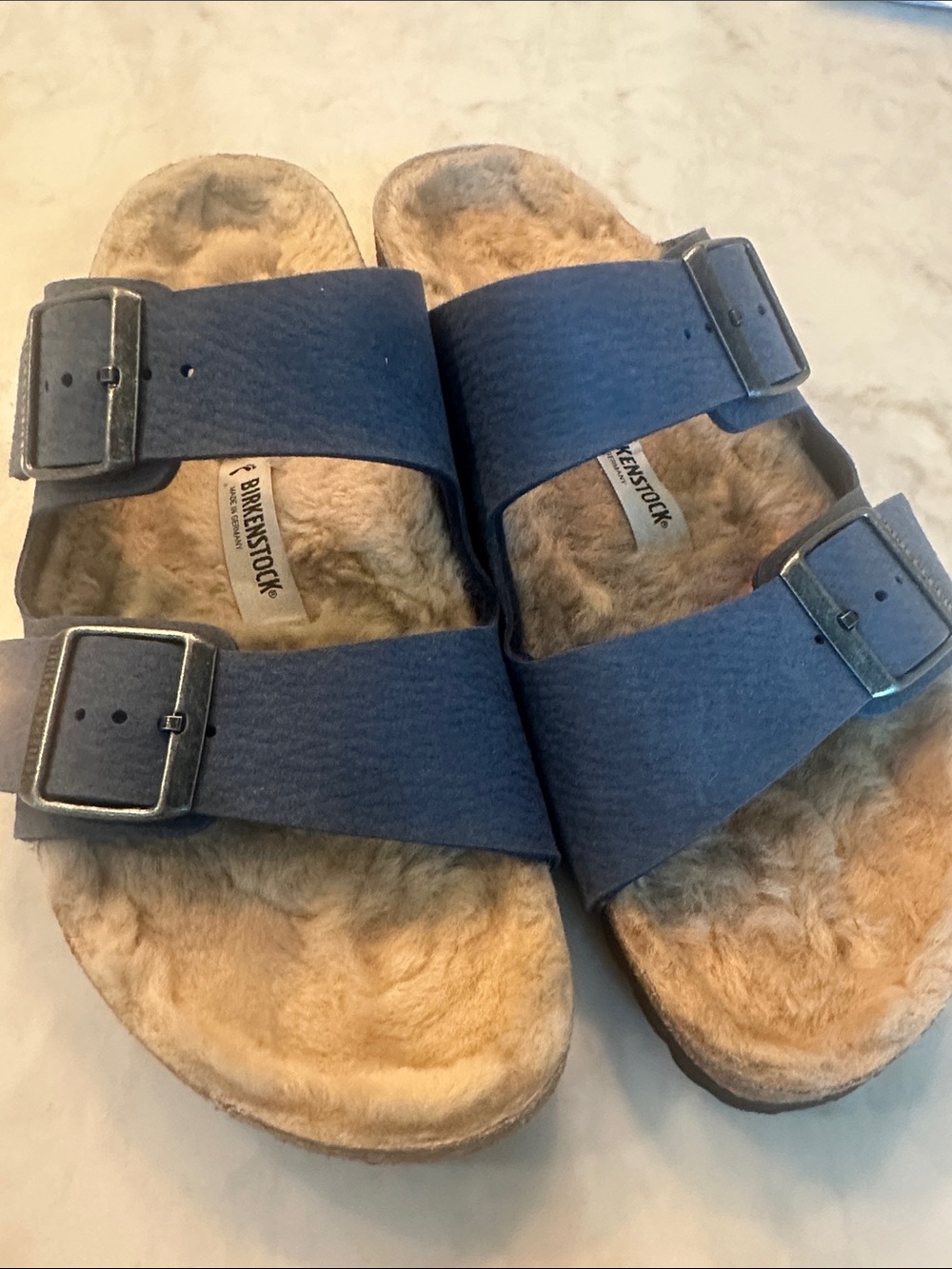 Birkenstock Blue Suede Double-Buckle Shearling Slides only worn indoors